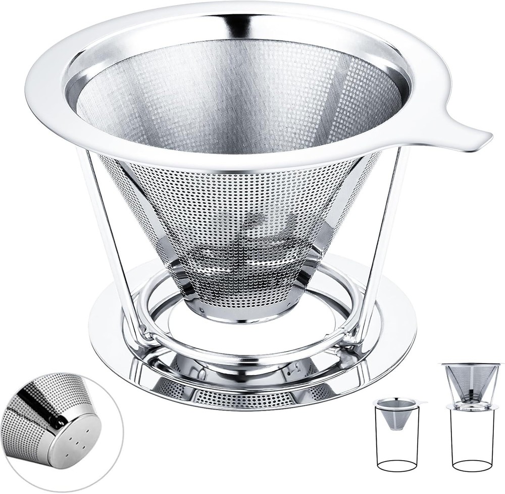 Silver Slow-Drip Paperless 1-Cup Pour Over Coffee Maker with Built-In Filter