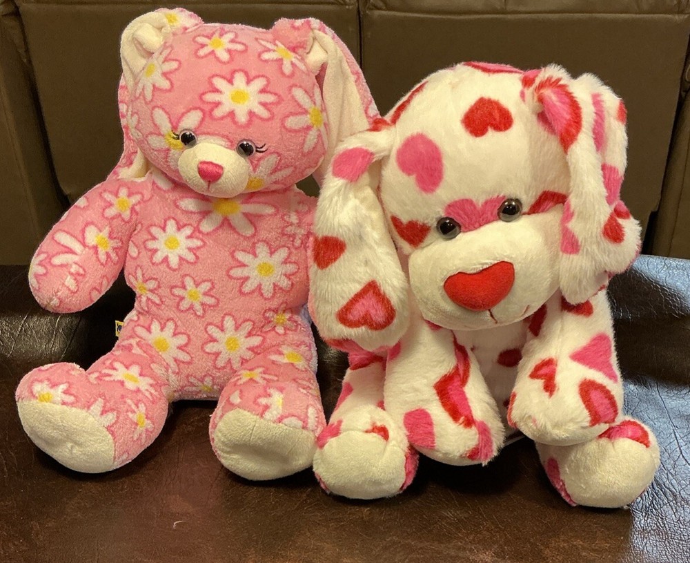 Lot Of 2 Build-A-Bear Workshop Pink Floral Bunny Rabbit & Valentine Hearts Dog