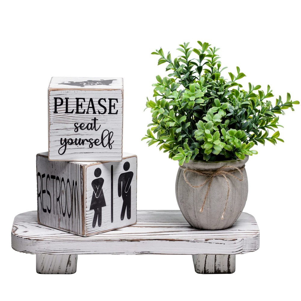 Farmhouse Funny Bathroom Decor Signs, 3 Wooden Blocks with Plant & Tray, Rust...