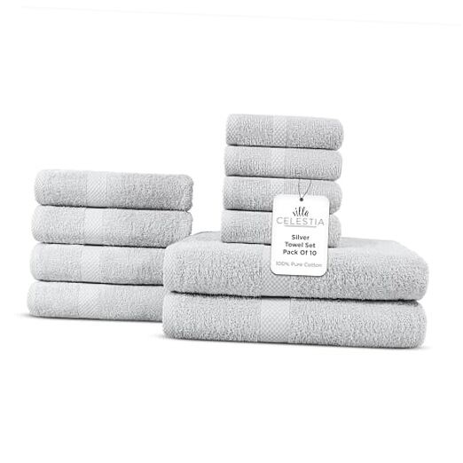 100% Cotton Bath Towel Set of 10-2 Bath Towel Set - Pack of 10 Silver Grey