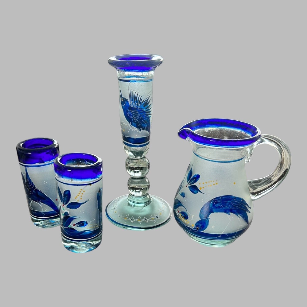 Vintage Mexican Blown Glassware Pitcher Creamer Candlestick Blue Cobalt Trim