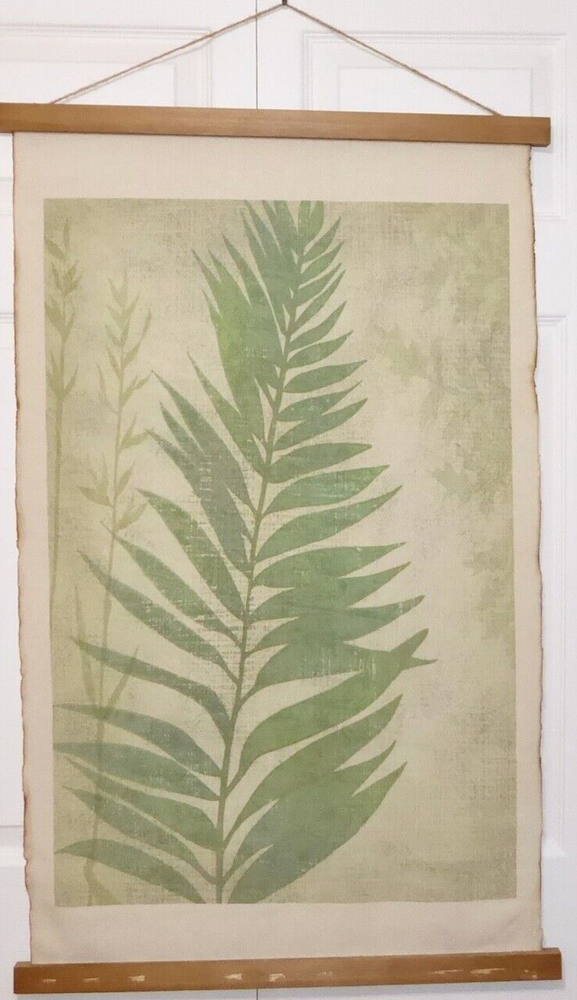TROPICAL FERN LEAF WALL SCROLL ART TAPESTRY ROPE GREEN BROWN WOOD FRAME 37 X 23