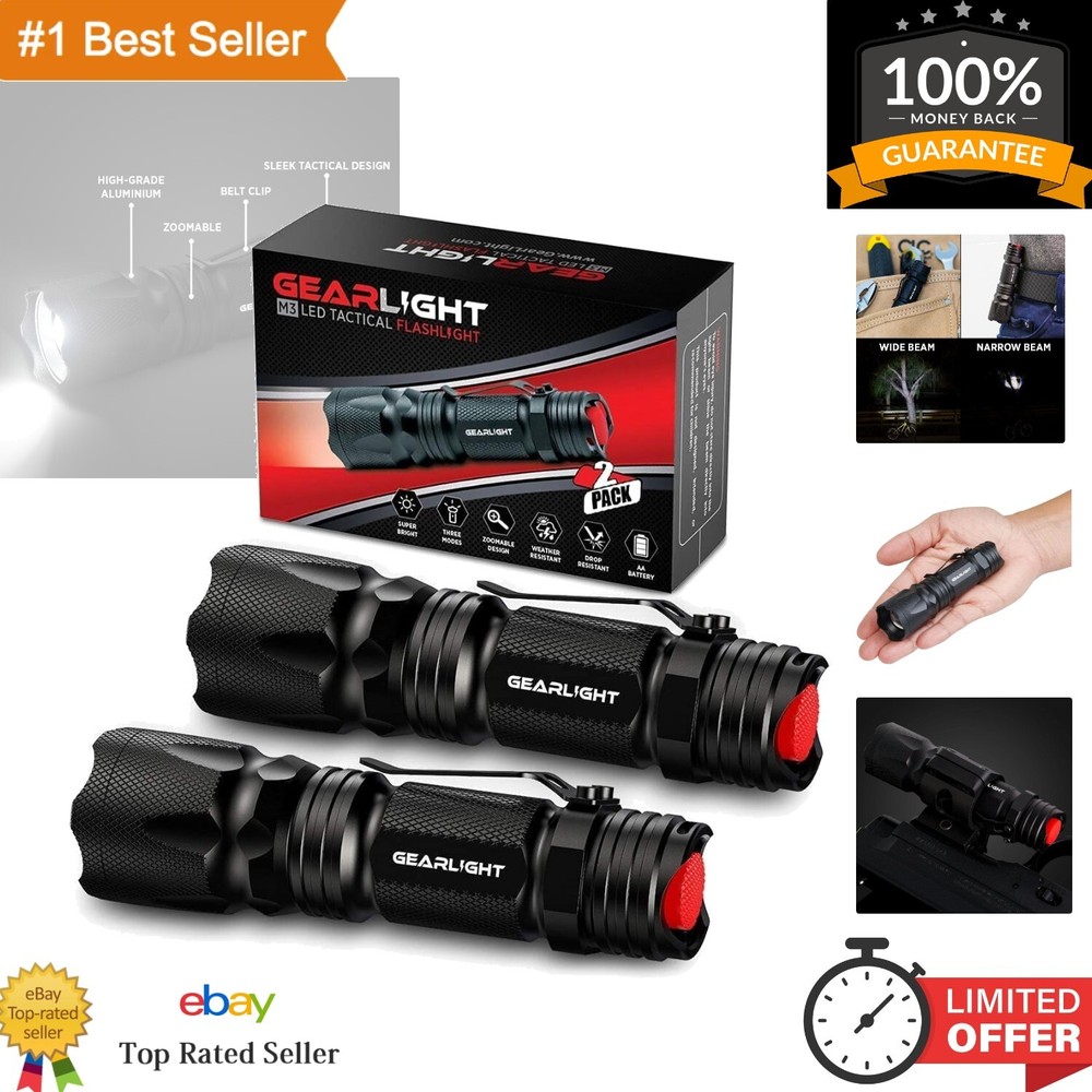 2-Pack Mini Tactical LED Flashlights with Clip - 300 Lumens, Water Resistant