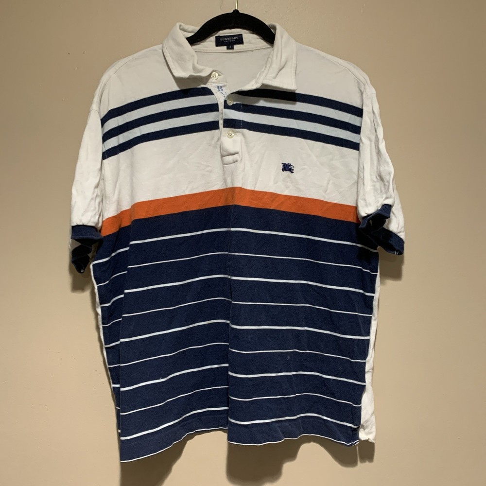 Burberry London Mens White Navy Blue Orange Striped Polo Shirt Size 7