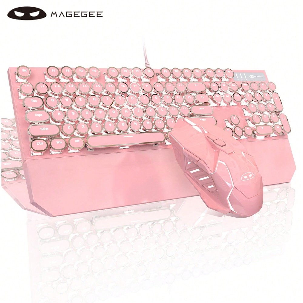 MageGee Typewriter Mechanical Gaming Keyboard And Mouse Combo, Pink Retro Punk R