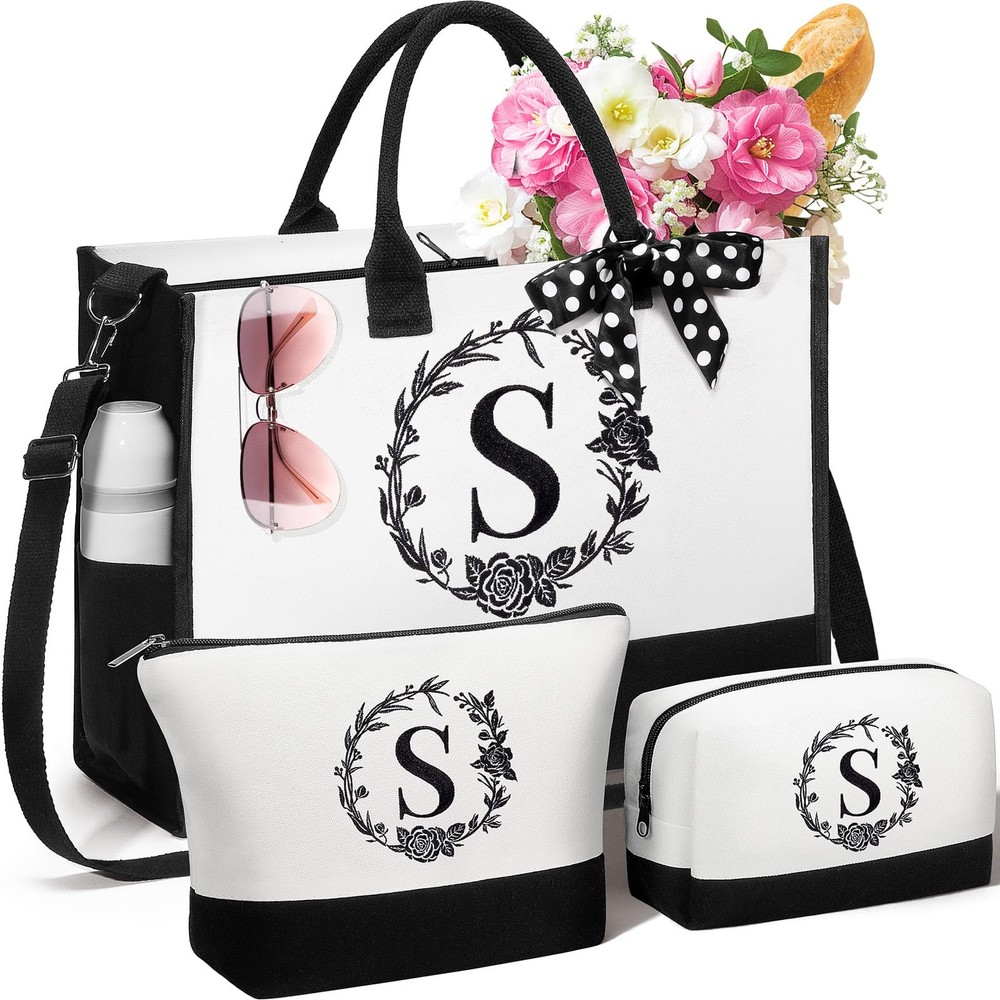 Personalized Mother's Day Gift for Mom - Custom Initial Canvas Tote Bag & Makeup Pouch-image