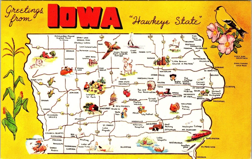 IA-Iowa, Scenic Map Greetings Landmarks, Flower, Vintage Postcard