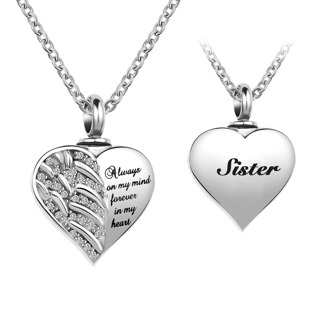 Guardian Angel Wings Heart Pendant Urn Necklace for Ashes in Crystal Keepsake