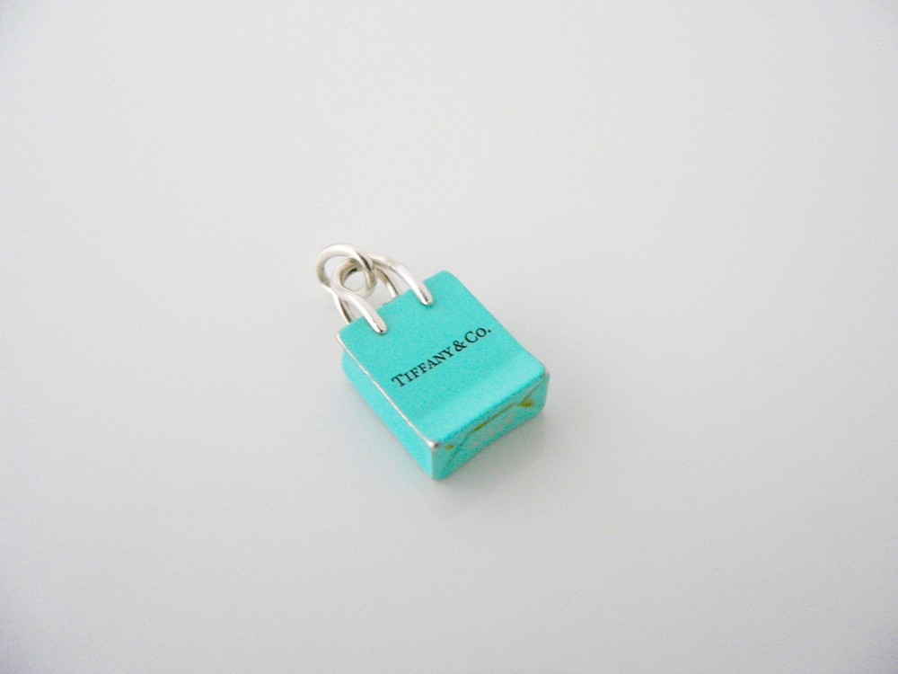 Tiffany & Co Silver Blue Enamel Shopping Bag Charm Pendant Rare Gift Love Cool