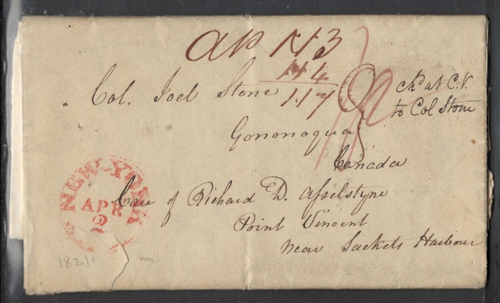 1821 New York-Gananoque Col. Joel Stone, Founder Loyalist Cross Border  Letter.-image