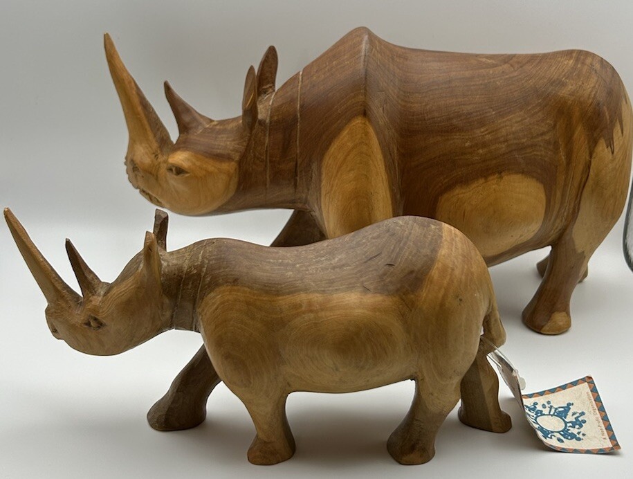 Hand Carved Wooden Rhinos 1 Tagged SERRV Large 12” And 9” Kenya African Set Of 2