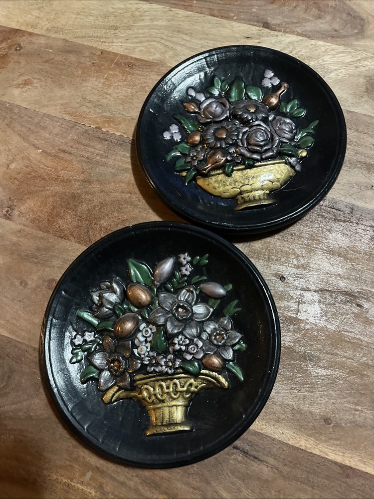 Vintage 3D Ceramic Floral Basket Wall Plaque 8 5/8