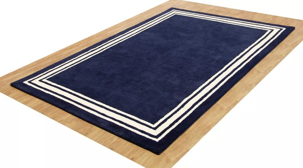 Modern Hand-Tufted Navy Blue Wool Area Rug - Soft & Stylish Border Harper Design