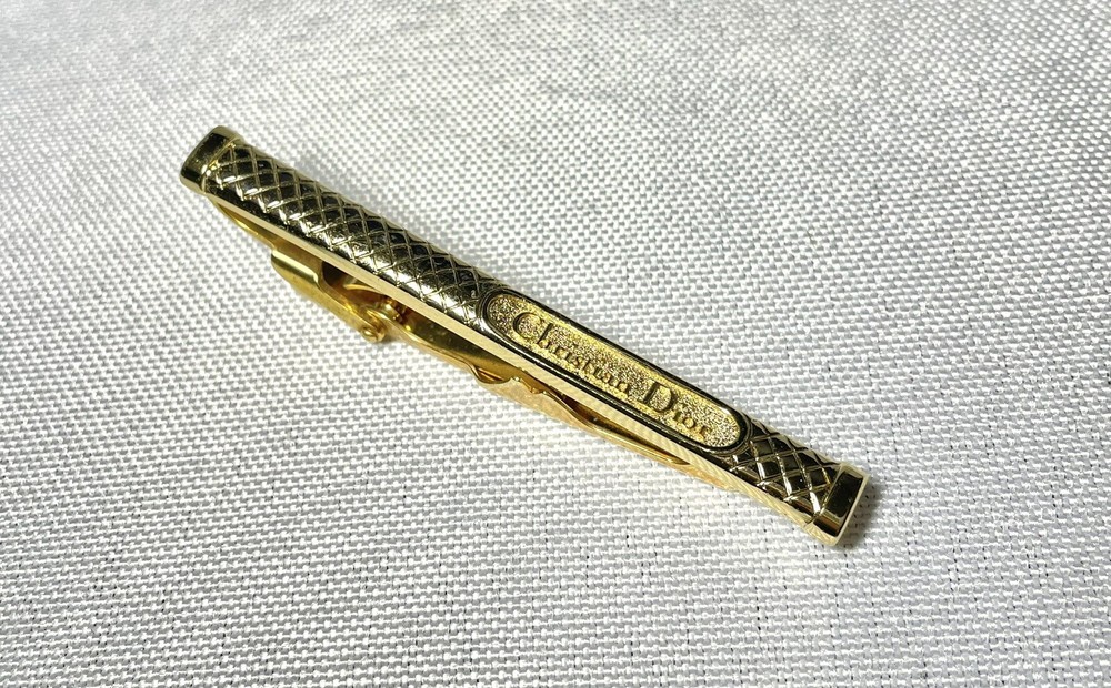 Auth Christian Dior Brand Logo python pattern Line Tie Pin Tie Bar Tie Clip Gold