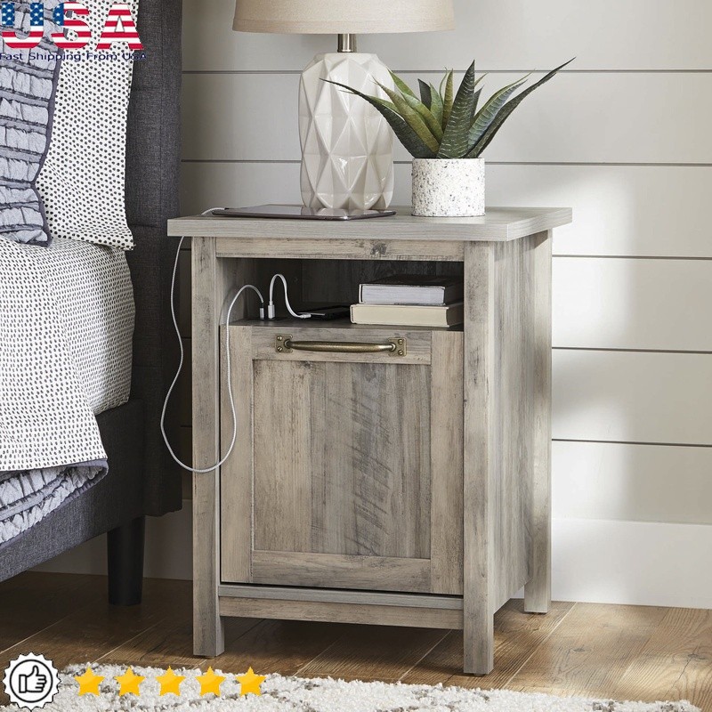 Modern Nightstand with USB Ports, Open Shelf & Hidden Storage for Bedroom or Living Room  