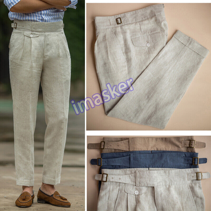 Linen Retro Mens GURKHA Pants Casual Pants Business Trousers Straight High Waist