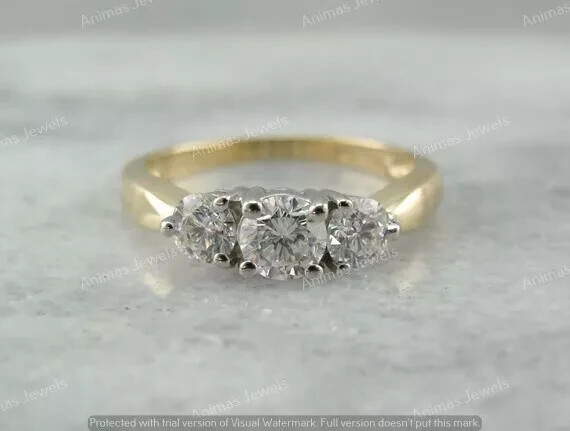 1 CT Moissanite 3-Stone Past Present Future Wedding Ring 14K 2-Tone Gold Plated