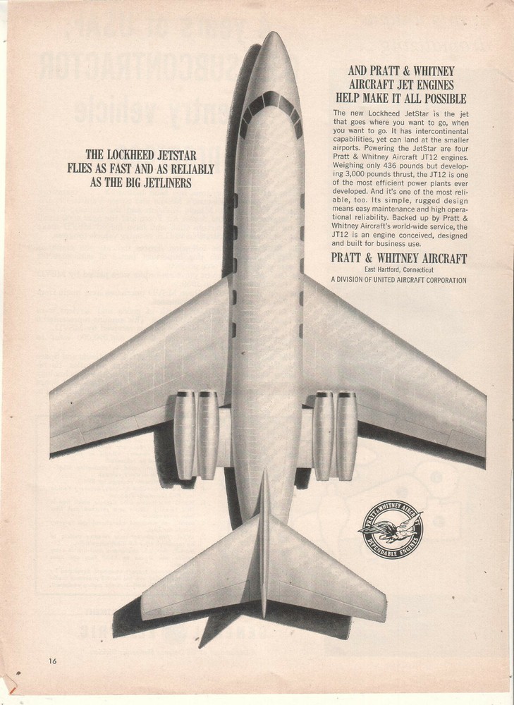 Pratt & Whitney Aircraft jet engines 1960 Ad- Lockeed Jetstar