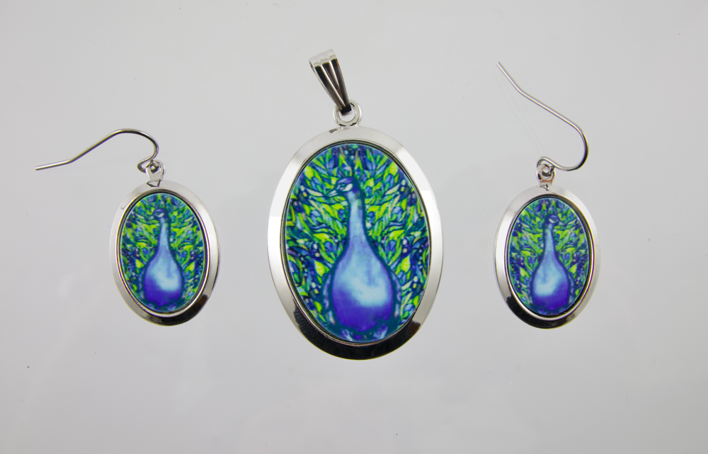 Ken Kantro Lovell Design Pro Arte Collection Tiffany Peacock Pendant & Earrings