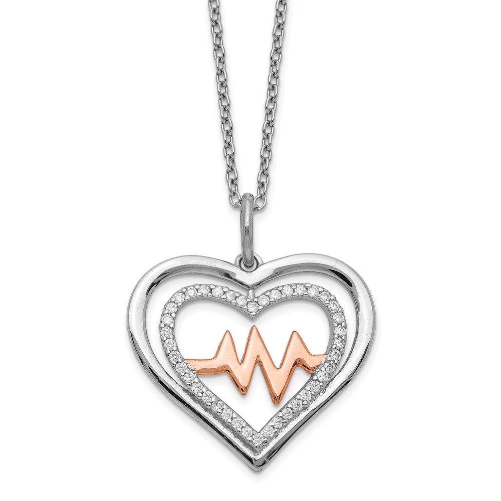 Sterling Silver Rose Gold Cubic Zirconia Heartbeat Necklace 16 Inch with 2 Inch Extender