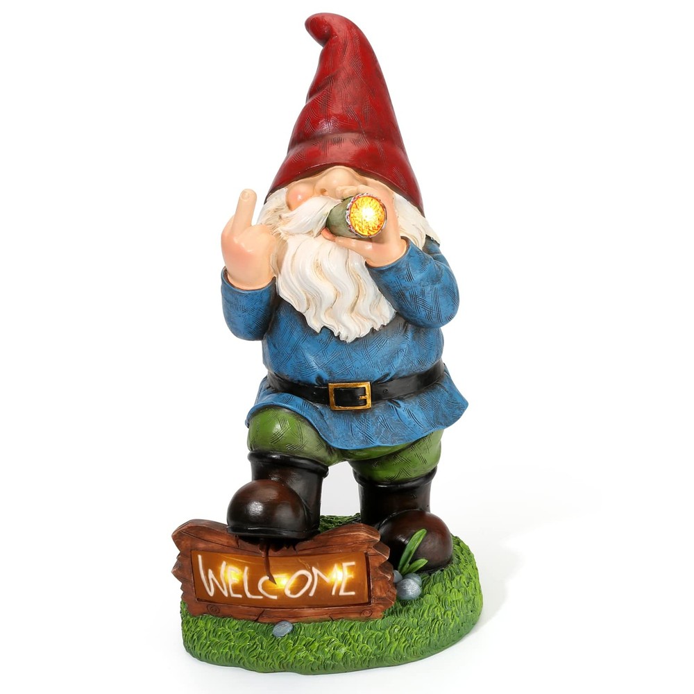 Solar-Powered 13.5-Inch Funny Resin Gnome Garden Decor - Inappropriate Outdoor Gift