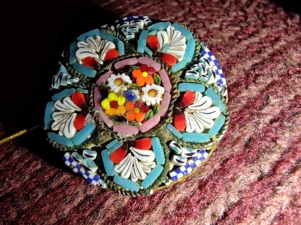 Italian Artisan Floral Micro Mosaic Brooch Pin 1 Inch Handcrafted