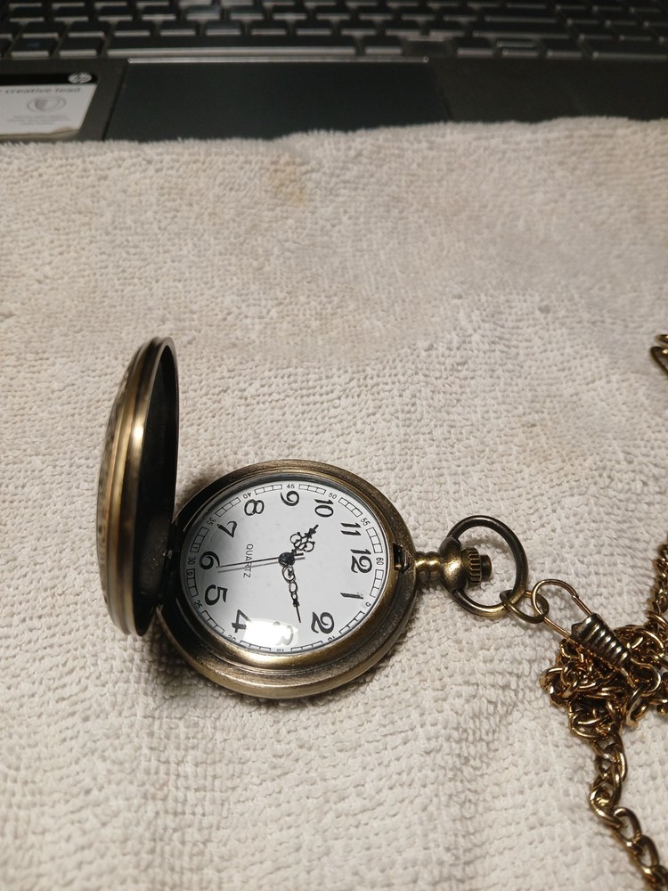 Bronze Colored Vintage Style Pocket Watch Roman Numerals Matching Chain.