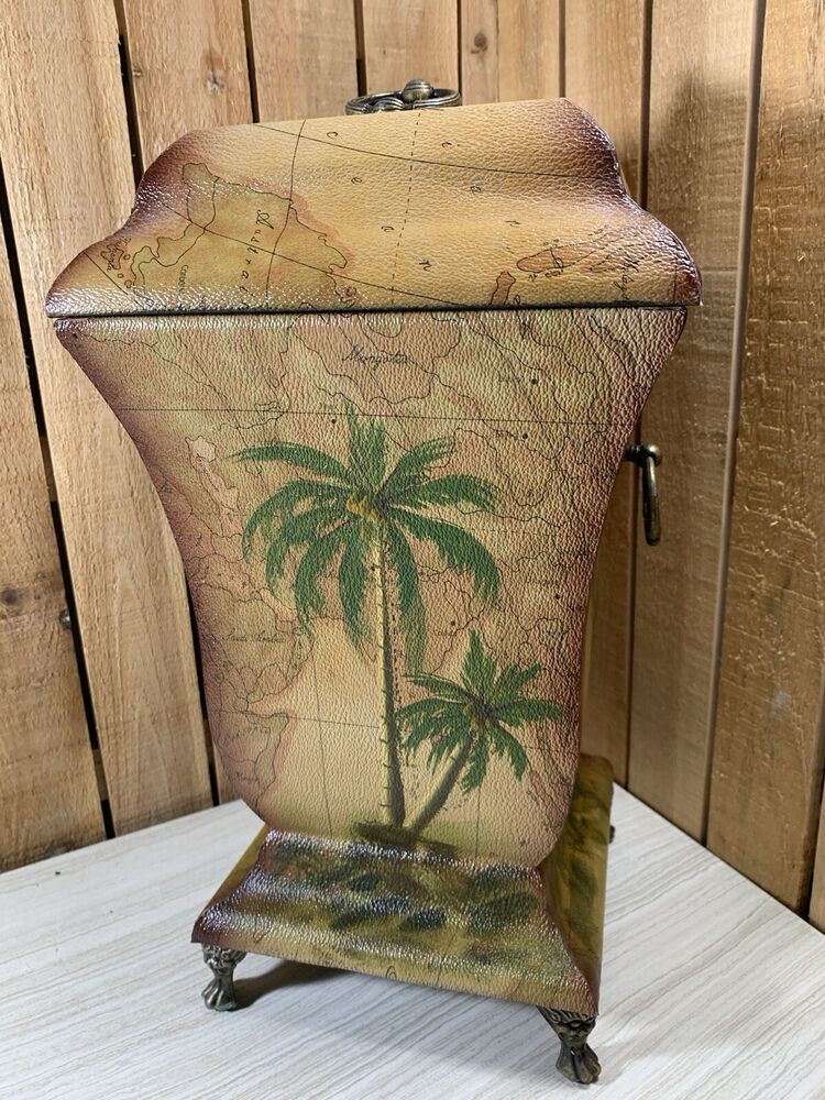 Palm Tree Tropical Wood Footed Trash Can Storage Container with Lid 15