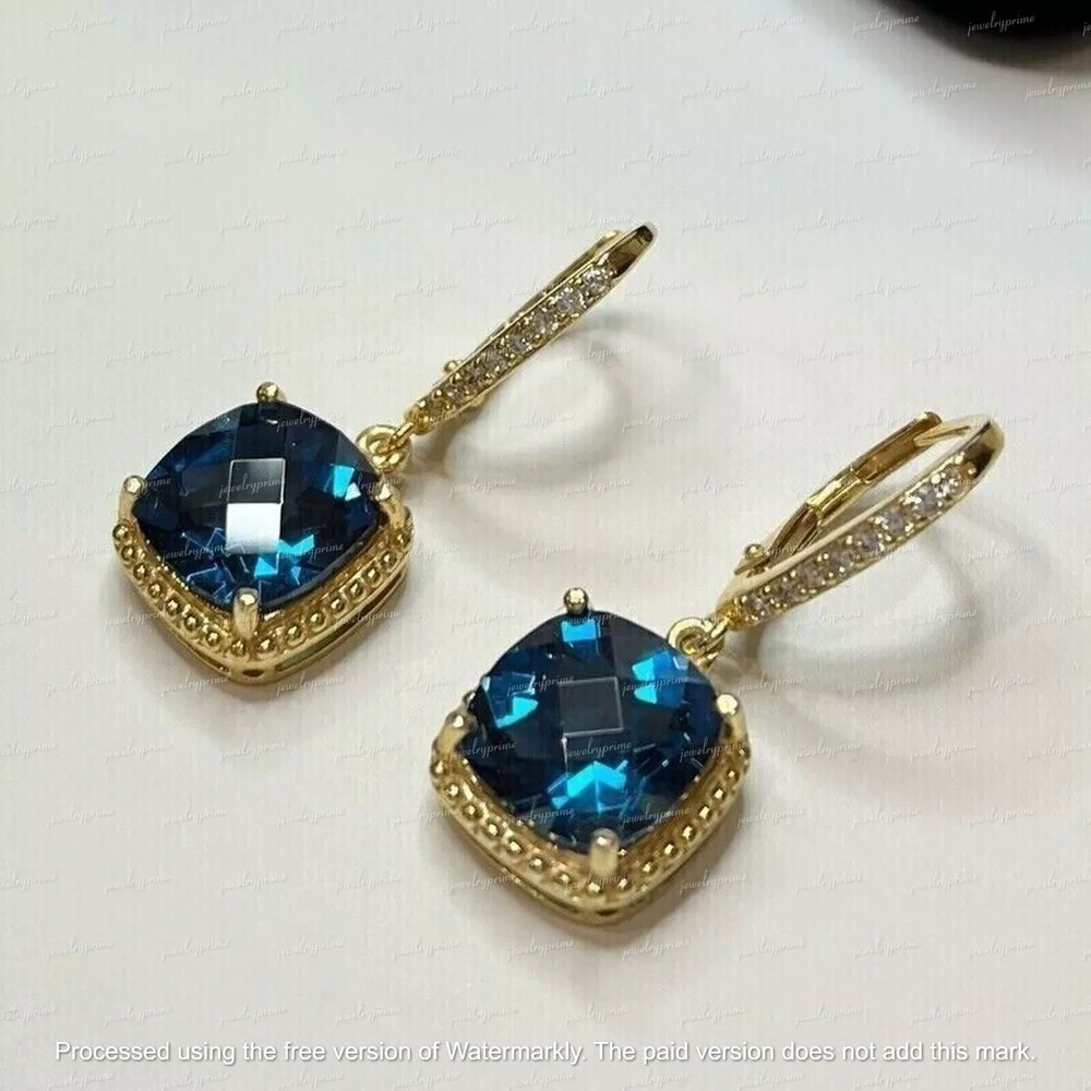 3Ct Cushion Lab-Created London Blue Topaz Drop Earrings in 14K Yellow Gold