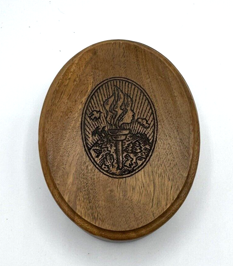 Wooden Oval Trinket Box Lid engraved Olympic Torch Flame Face Profile