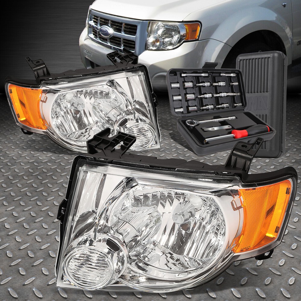FOR 08-12 FORD ESCAPE CHROME HOUSING AMBER CORNER HEADLIGHT HEAD LAMPS+TOOL SET