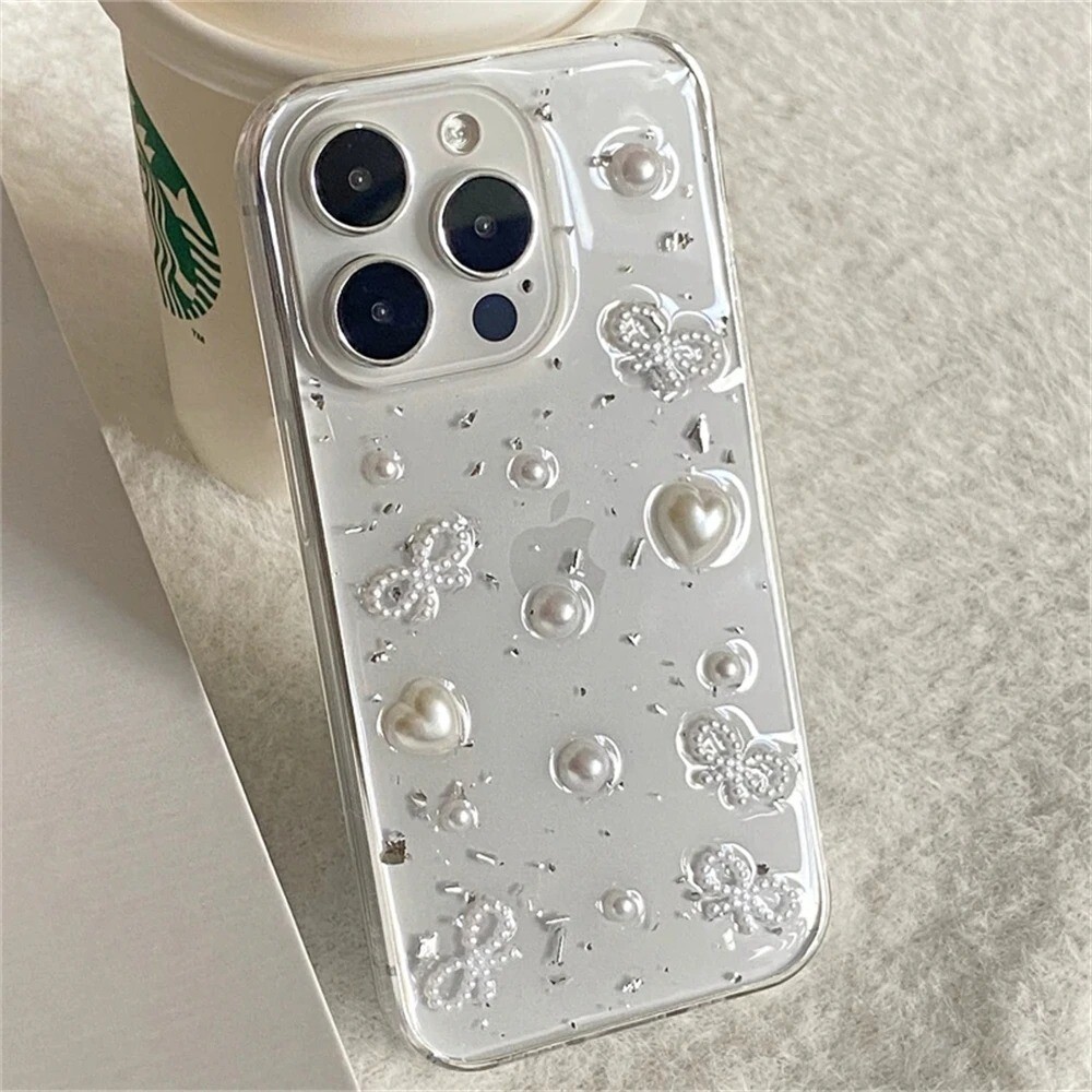 Case for iPhone 16 15 14 Plus 13 12 11 Pro Max Pearl Bow Cute Clear Back Case