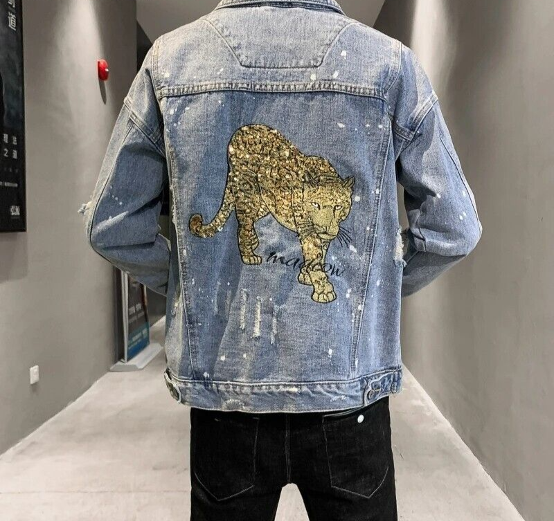Denim Luxury Fashion Golden Tiger Sequin Embroidery Button Up Men Jeans Jacket