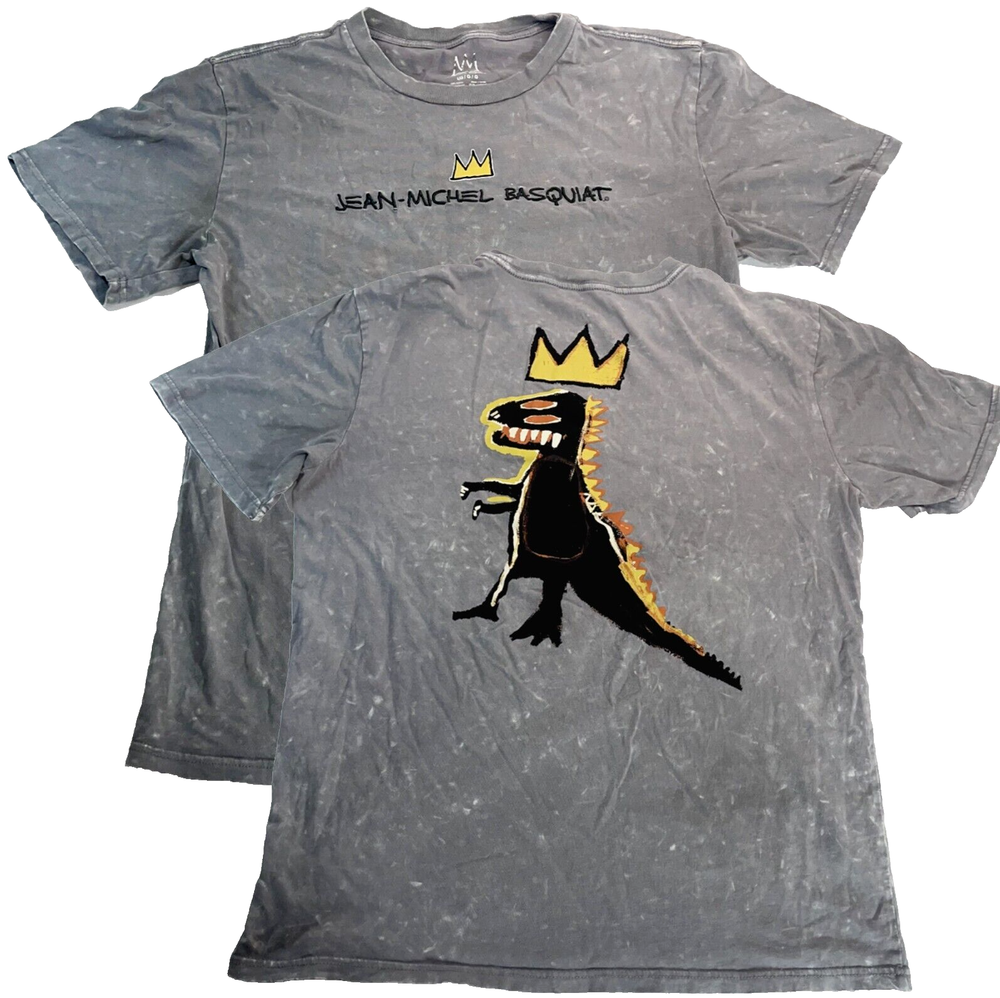 Basquiat Graffiti Dinosaur Shirt Gray Embroidered Jean Michel Basquiat Tee LG