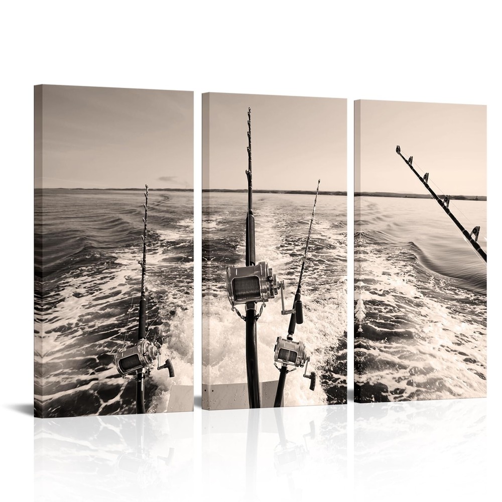SkenoArt 3 Piece Fishing Canvas Wall Art Fishing Rod Pictures Ocean Seascape ...