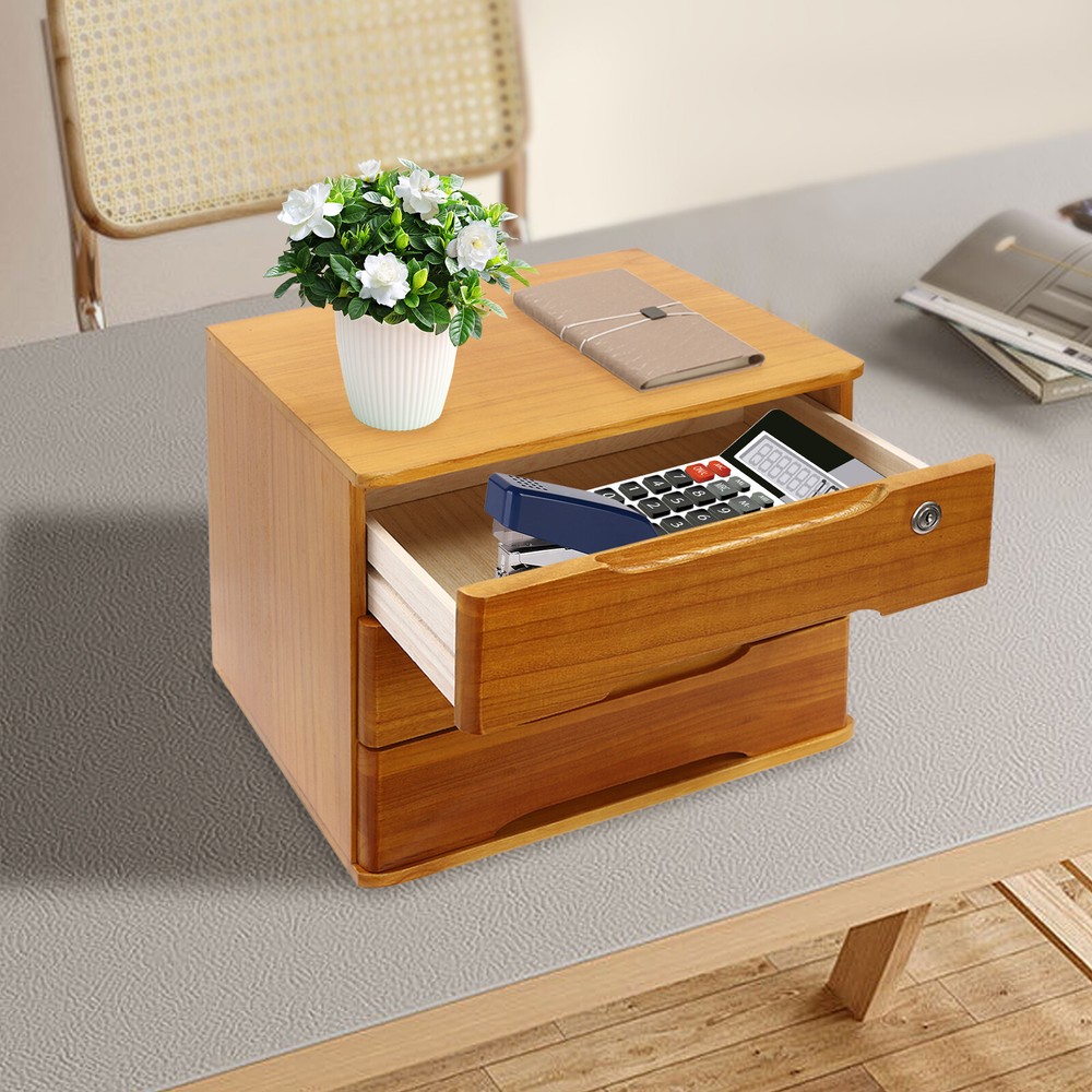 17.72 in Wood Yellow Rectangle 3-Tier Desktop Storage Box with Lockable Drawers