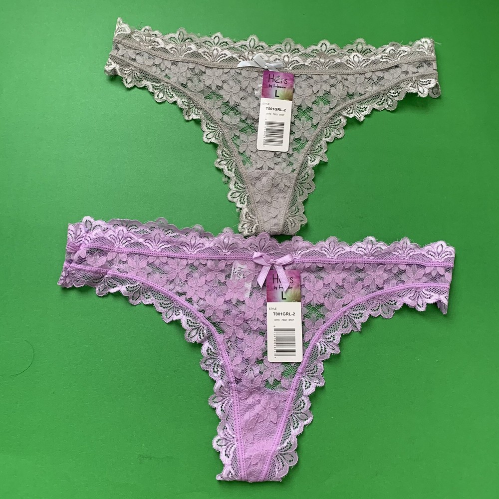 2 Hers  By Herman Lace Thongs  Grey/purple Floral Sz Large Scalloped Edges New