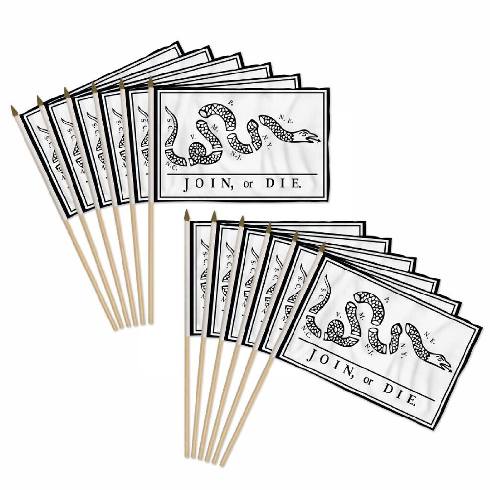 12pc Join or Die 12x18in American Historical Handheld Stick Flags  