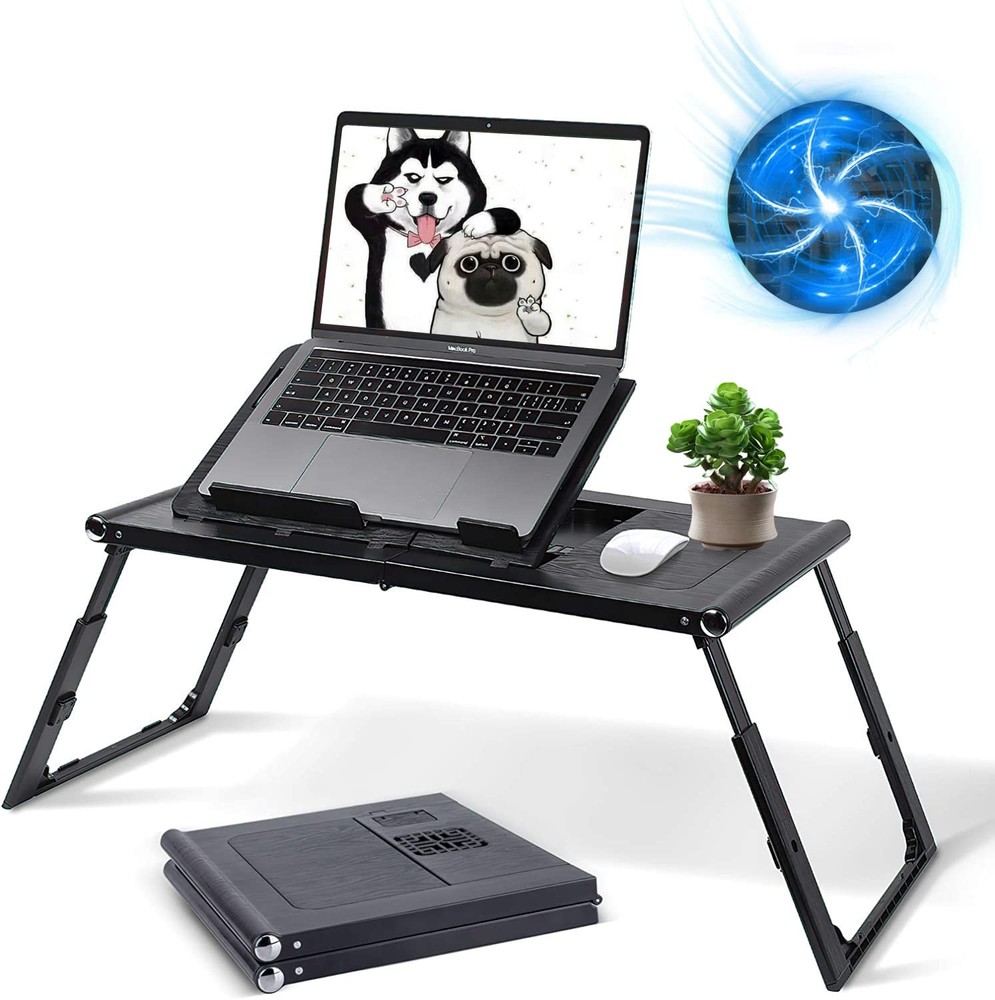 Foldable Laptop Desk for Bed with USB Fans Adjustable Height & Angle