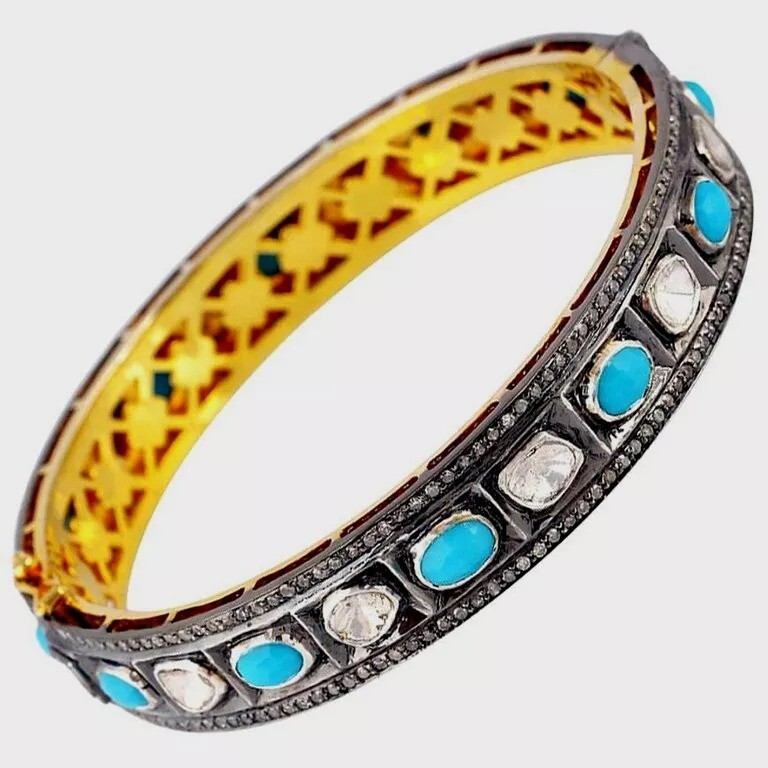 Natural Rosecut Diamond Polki Turquoise 925 Sterling Silver Wedding Bangle Jewelry for Women