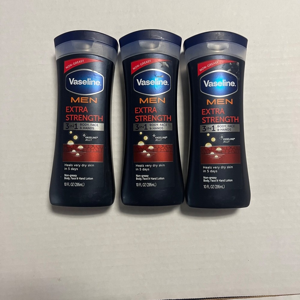 3-Pack Vaseline Men Extra Strength 3-in-1 Body Face Hand Lotion 10 oz Each