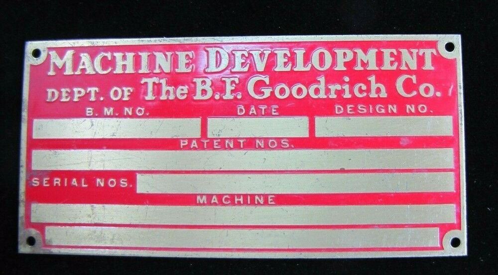 BF GOODRICH Machine Development Old Brass Nameplate Plaque Tag Small Sign BFG