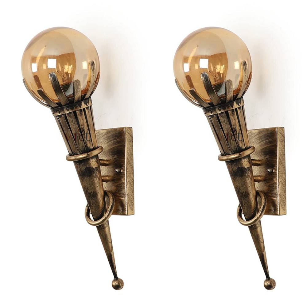 Pair Antique Gold Mashal Type Wall Sconce Lamp - Original Vintage Outdoor Indoor