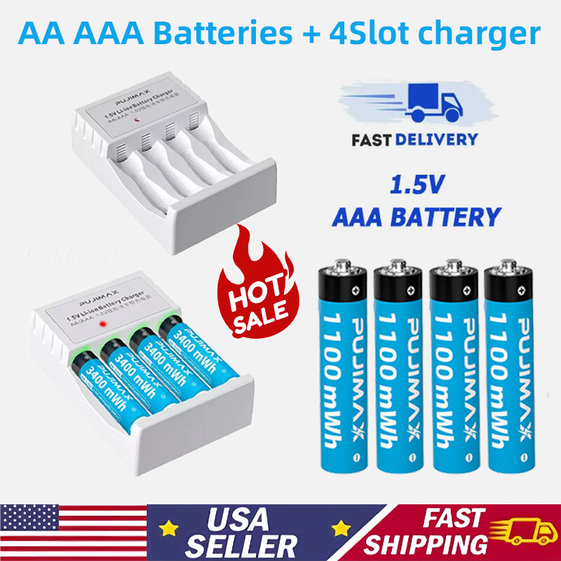 1.5V AA AAA Rechargeable Li-ion Batteries with Fast Lithium Battery Charger LOT