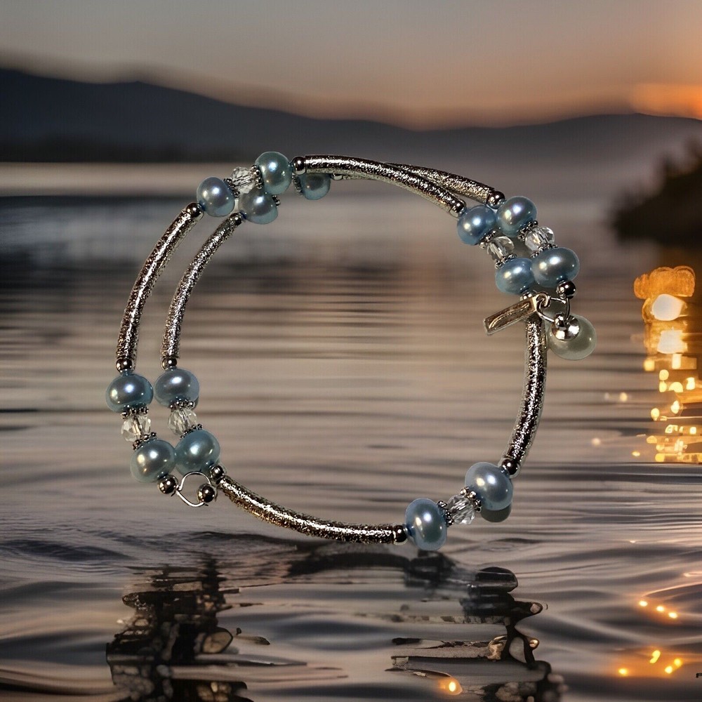 Vantel Pearls Baby Blue & Silver Wrap Bracelet.