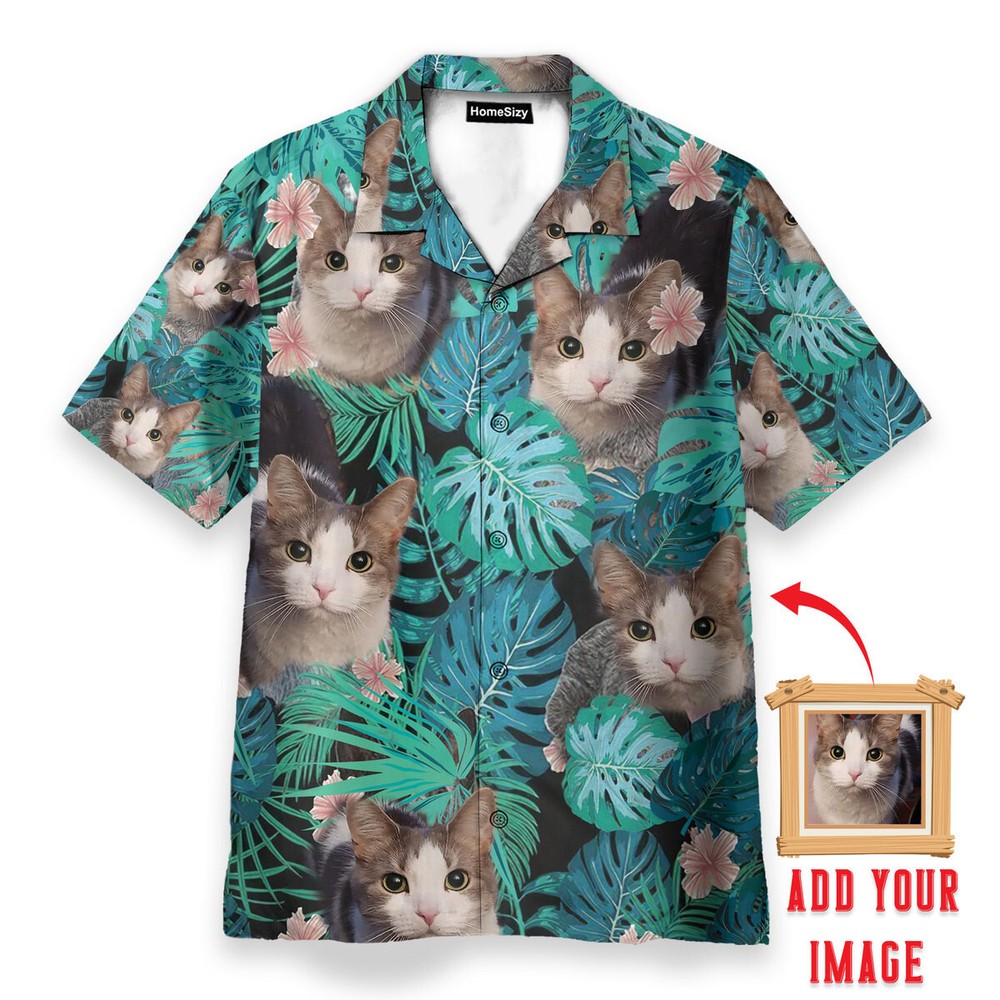 Custom Photo Pet On Tropical Leaves Pattern   Personalized Hawaiian Shirt