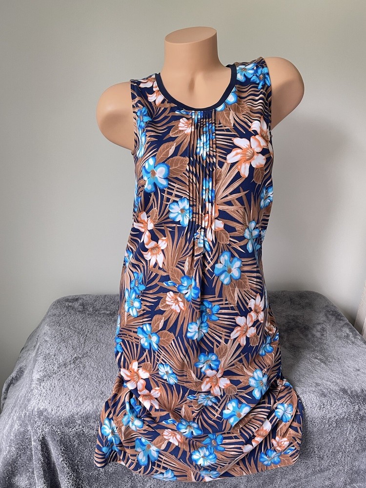 Lands End Blue Floral Pin Tuck Beach Dress Coastal Tropical XS Tall