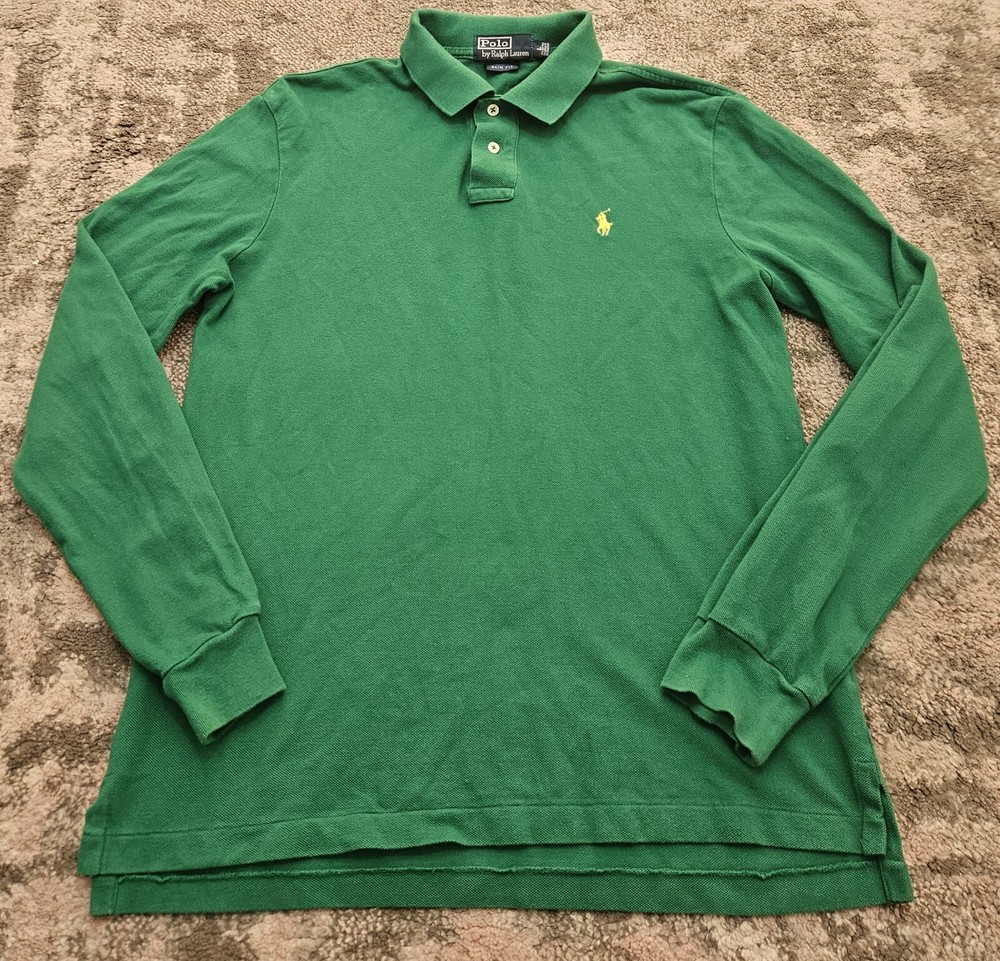 Ralph Lauren Slim Fit Long Sleeve Green Cotton Men's Polo Shirt Size L