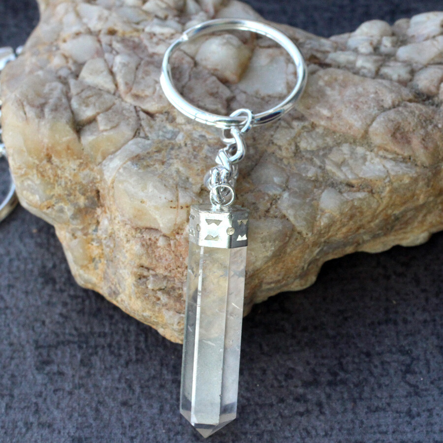 925 Silver Plated Long Crystal Quartz Ethnic Keychain Jewelry Size 3.8