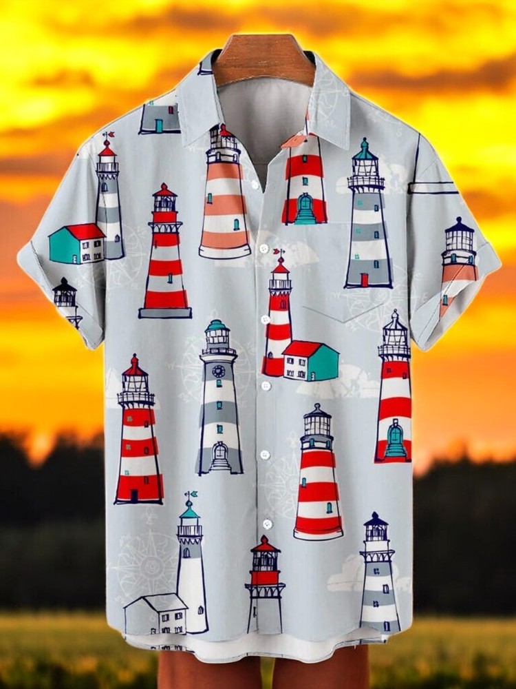 Lighthouse Cartoon Design Hawaiian Shirt with Vintage Style and Tropical Vibes for Men and Women